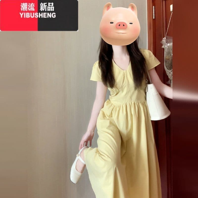 YIBUSHENG法式气质黄色v领短袖连衣裙子女季2024新款微胖mm遮肉显瘦长裙图片
