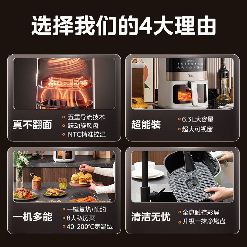美的(Midea)空气炸锅MF-KZC6381家用6.3升大容量可视智能免翻面电炸锅烹饪机煎烤一体炸锅高清大图