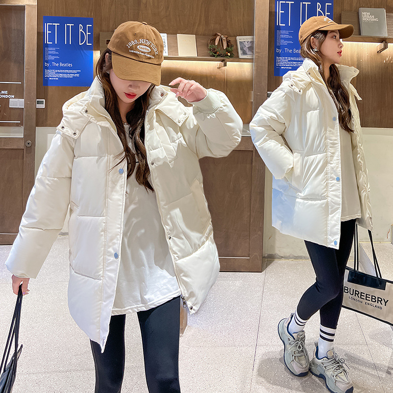 韩系百搭时尚面包服棉衣女小个子2023年冬季新款加厚连帽棉袄 白色 S