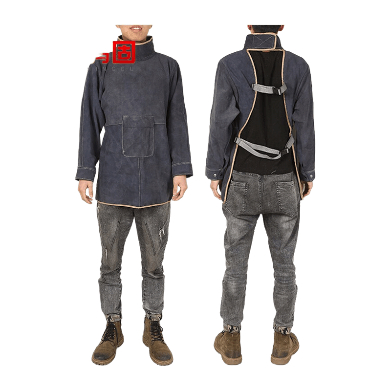 鸣固 焊工防护围裙 牛皮防烫电焊工作服 黑蓝色85cmCW5x8273图片