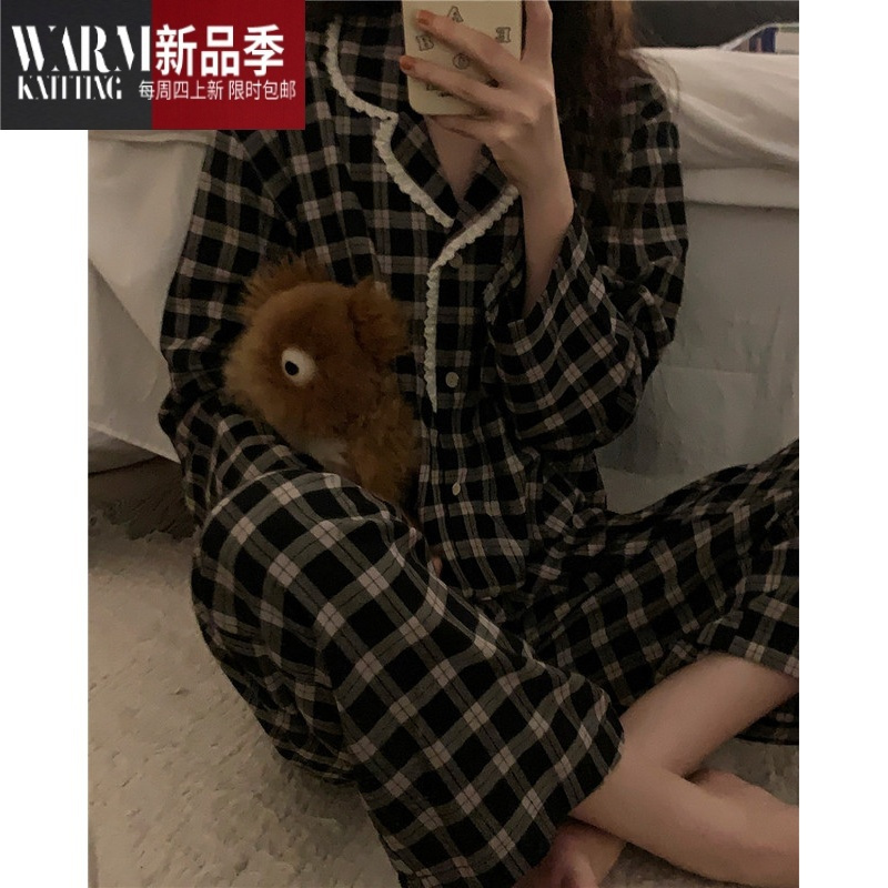 SHANCHAO林允儿同款睡衣女款棉麻舒适慵懒格子高级感家居服套装可外穿