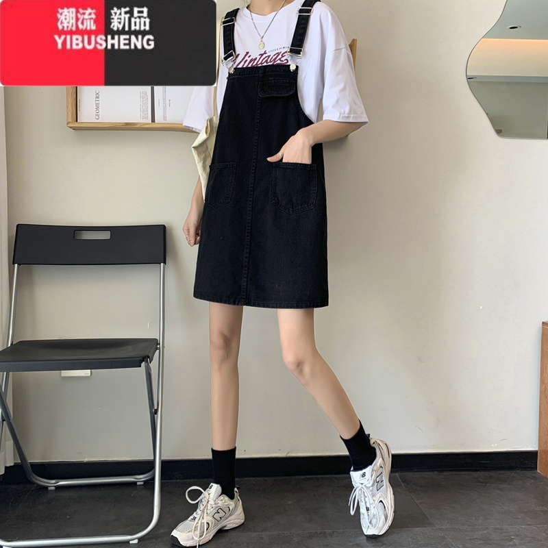 YIBUSHENG2024季新款宽松显瘦黑色牛仔背带裙女小个子吊带连衣裙短裙子高清大图