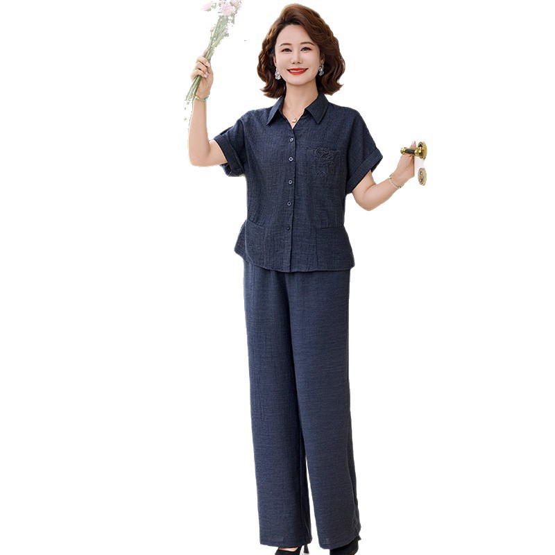 纤孜雅 母亲节洋气夏装套装中老年女士夏季衬衫松紧裤妈妈上衣裤子两件套高清大图