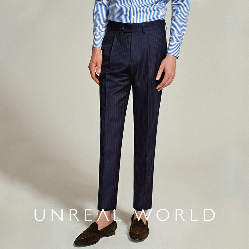 尘界100%澳洲美丽诺羊毛面料 金线竖条纹男士西裤修身垂感西装裤
