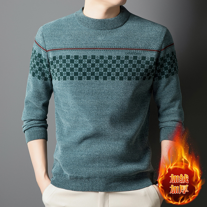 男式加绒上衣中年男士加厚打底衫圆领一体绒毛衣雪貂针织衫男装_36827 兰色 XL