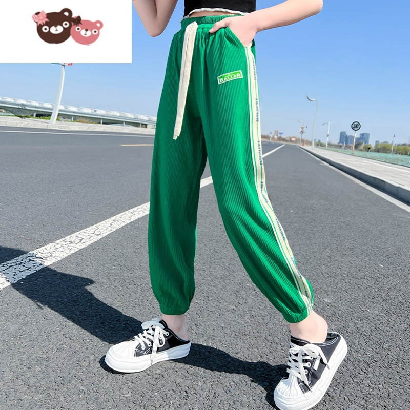 绿彩虹光女童夏季薄款防蚊运动裤新款夏装宽松儿童裤子中大童冰丝九分裤潮