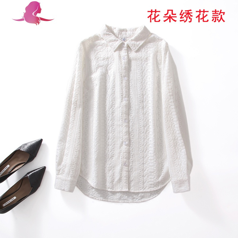 艳如飞春秋新款棉白衬衫女韩版休闲百搭修身显瘦绣花柔软长袖打底上衣衬衫