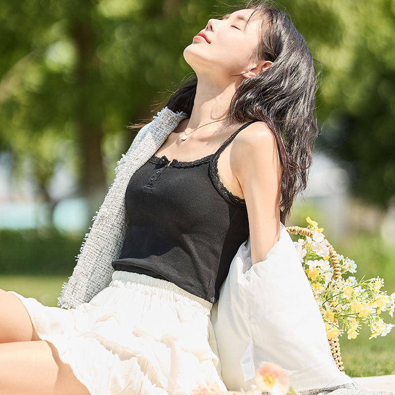 唐狮夏季新款吊带背心女内搭蕾丝小针织纯欲法式无袖上衣辣妹