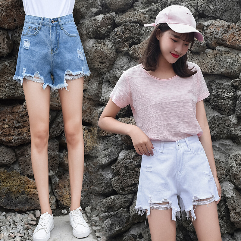 牛仔短裤女夏2018新款韩版百搭高腰宽松学生薄不规则破洞热裤子潮
