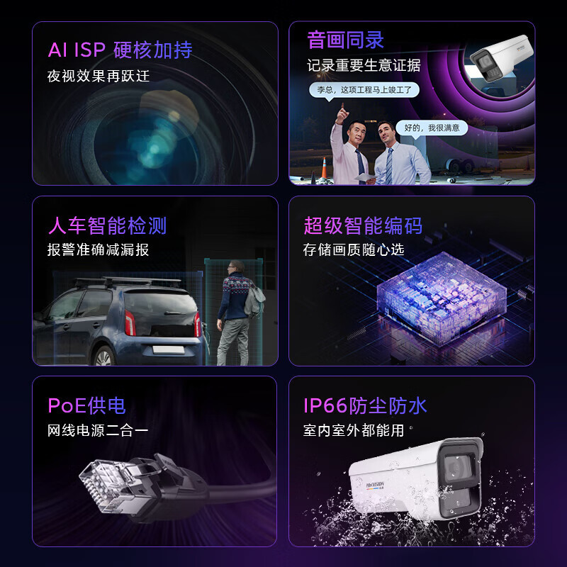 海康威视(HIKVISION)监控摄像头400万臻全彩高清夜视防水POE供电3T47SWDV2-LU 4MM