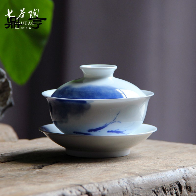 鼎亨景德镇青花手绘盖碗釉下彩高白瓷三才碗陶瓷功夫茶具薄胎手工