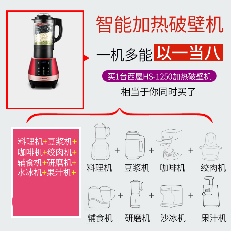 西屋(Westinghouse)WFB-HS1250 榨汁机 家用加热全自动破壁料理机豆浆机破壁精磨杯