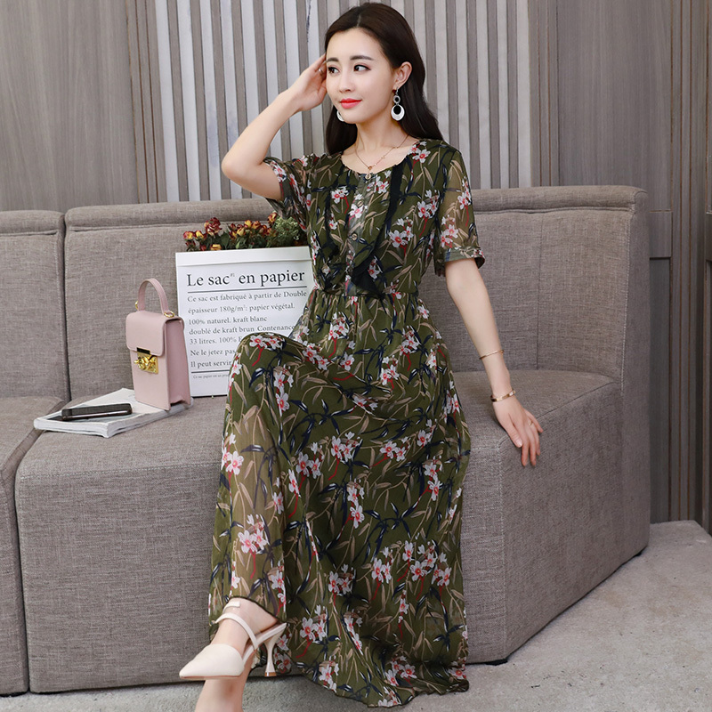 短袖裙子夏女女士新品中长款收腰气质小清新35-45岁韩版连衣裙