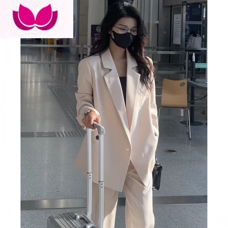 七斓2023新款宽松高级感西装套装女粉色西服外套休闲阔腿裤套 米白色两件套 XL
