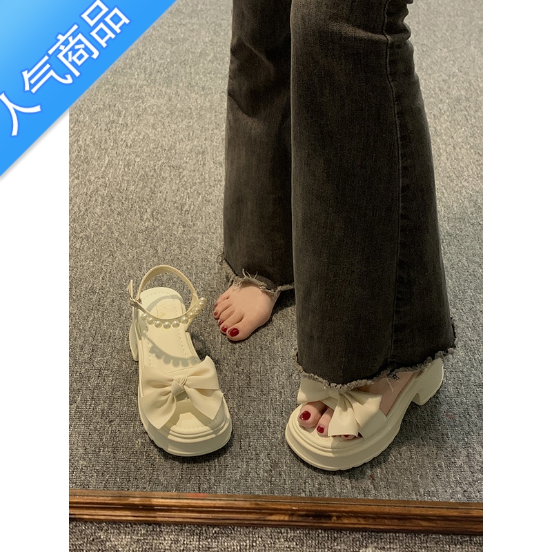 SUNTEK凉鞋女2023新款夏季蝴蝶结仙女风厚底珍珠一字带时尚露趾款0时夏高清大图