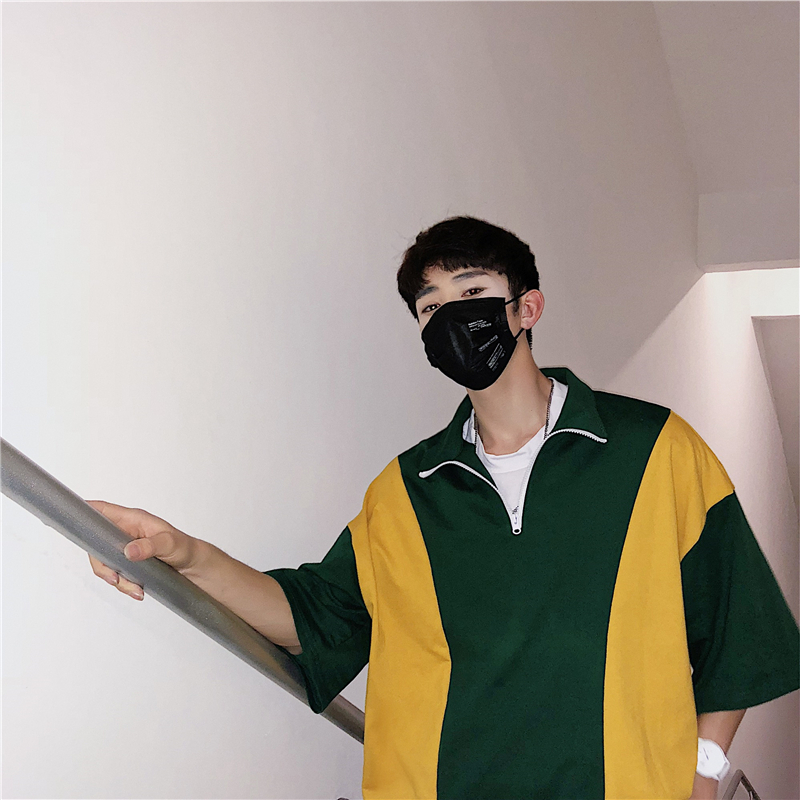 夏款年轻七分袖体恤衫宽松拼色 短袖港风T恤翻领男装黑白撞色学生