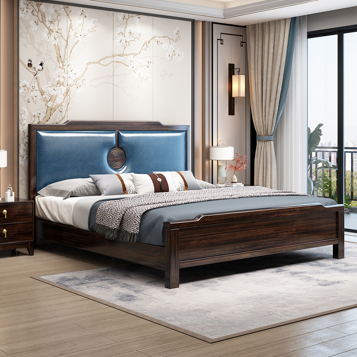 月影梳桐新中式实木床禅意中国风主卧轻奢1.8m现代简约双人床民宿家具