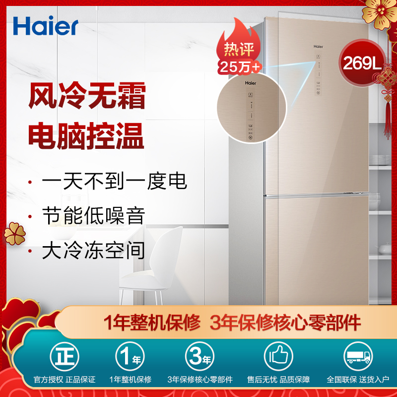 海尔(Haier)269升 双门冰箱 风冷无霜 大冷冻空间 电脑控温 节能低音 家用双门电冰箱 BCD-269WDGG