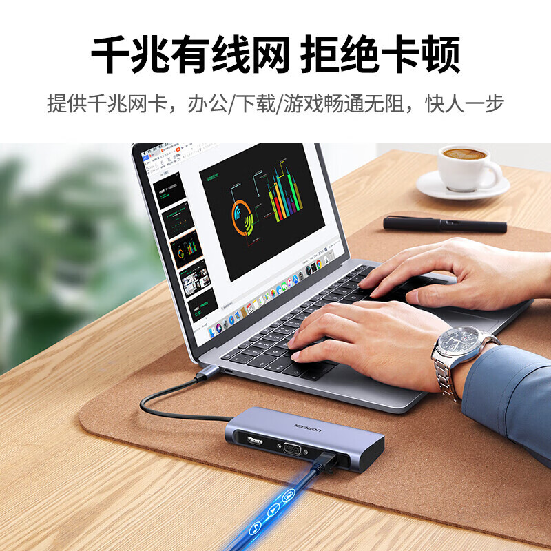 绿联七合一多功能拓展坞 Type-C转HDMI+VGA+千兆网卡+3口USB3.0+PD充电口[60557]高清大图