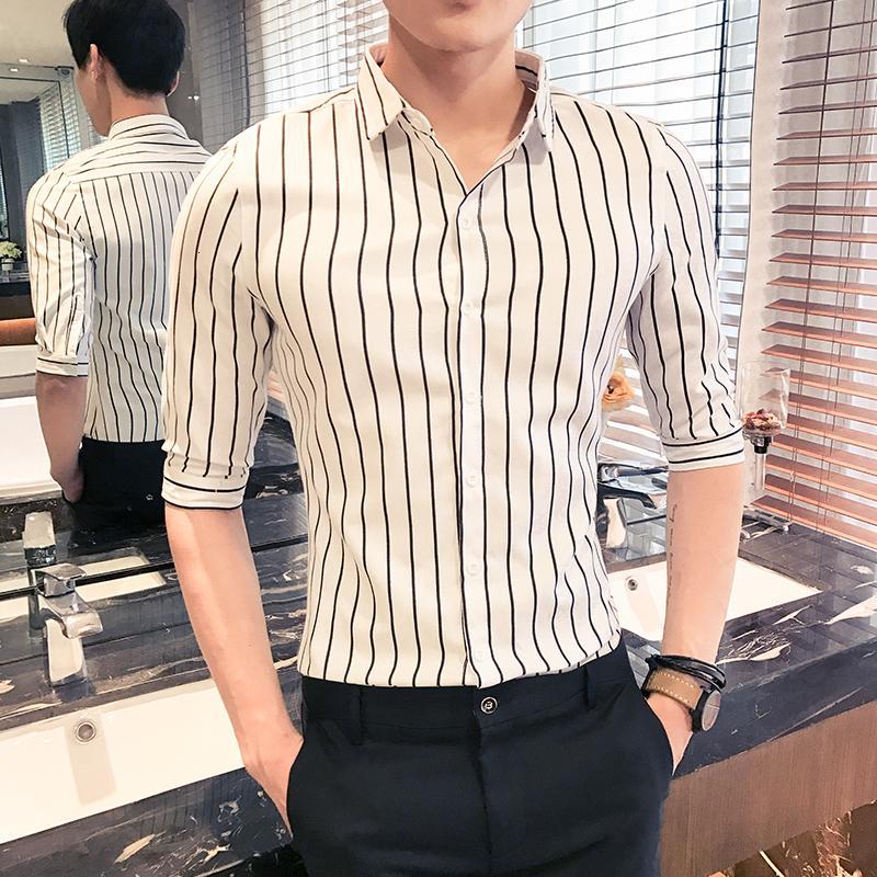 青年条纹七分袖衬衫男 夏装韩版修身型师夜店衬衣男 中袖寸衫男