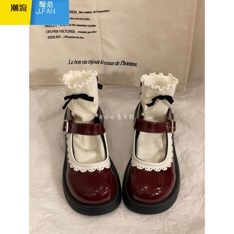 聚范2024新款玛丽珍鞋女复古英伦风百搭平底单鞋学院风花边软妹小皮鞋图片