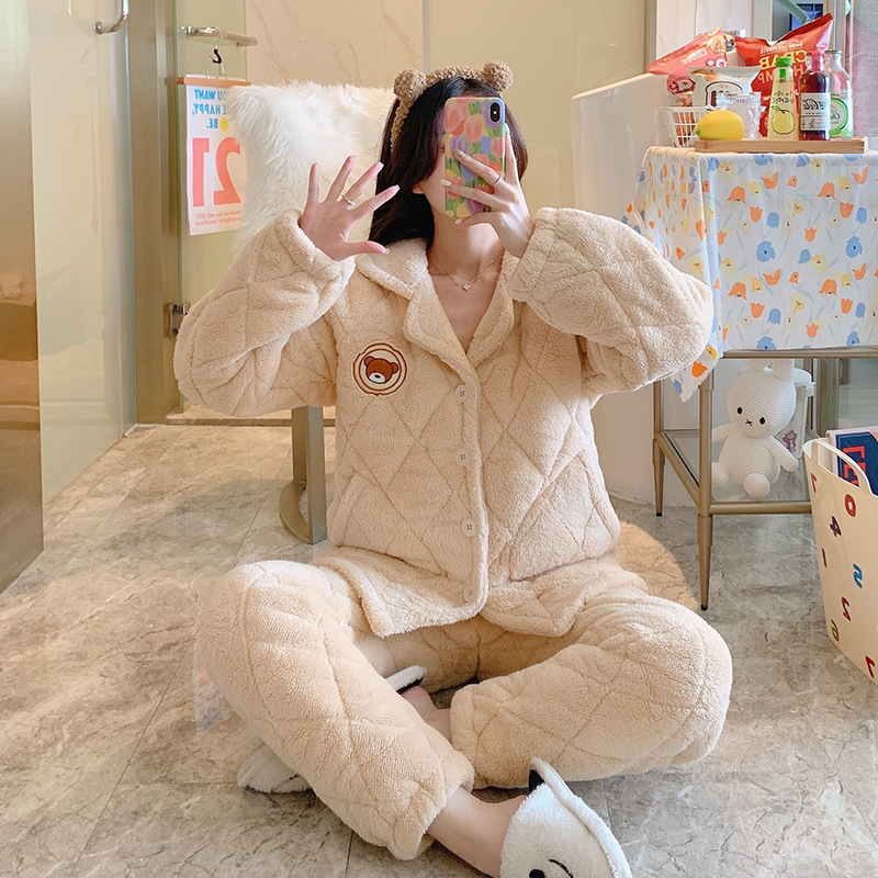 权小威 睡衣女秋冬季三层加厚夹棉加绒保暖可外穿家居服休闲冬天棉衣套装