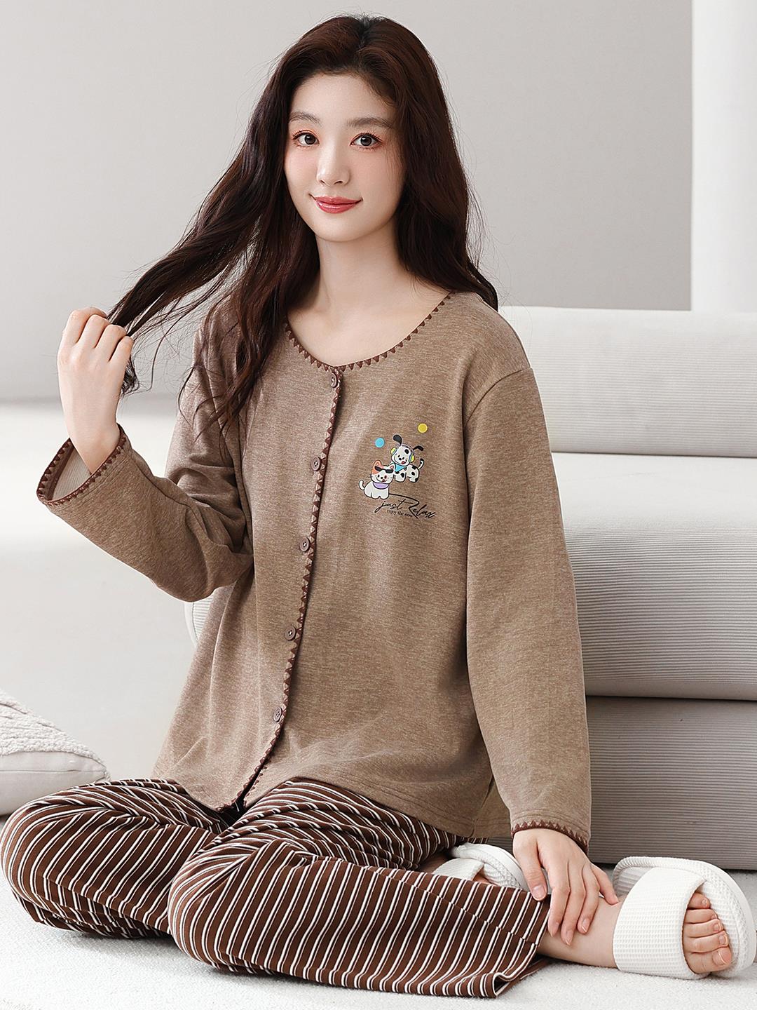 啄木鸟秋冬季睡衣女德绒棕色春秋季加厚保暖家居服服居高清大图