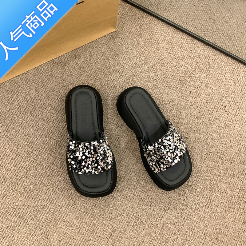 SUNTEK高级感厚底凉鞋半拖女夏季外穿精致新款亮片松糕底女士一字拖鞋子高清大图