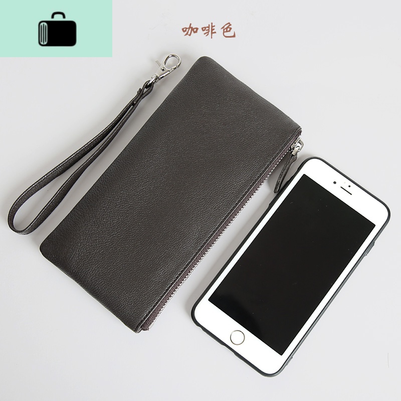 头层皮男士大容量手拿拉链包手拎手包女式长款钱包手机包NEW LAKE 咖啡色【配手拎带】会有羊的独特气味