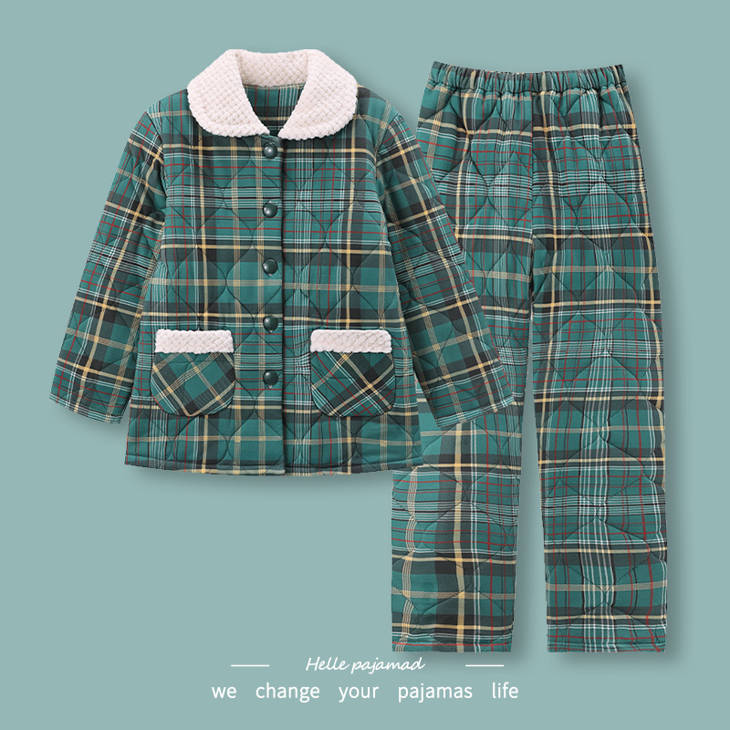 浪莎夹棉睡衣女冬季三层加厚夹棉袄大码保暖开衫可外穿家居服套装