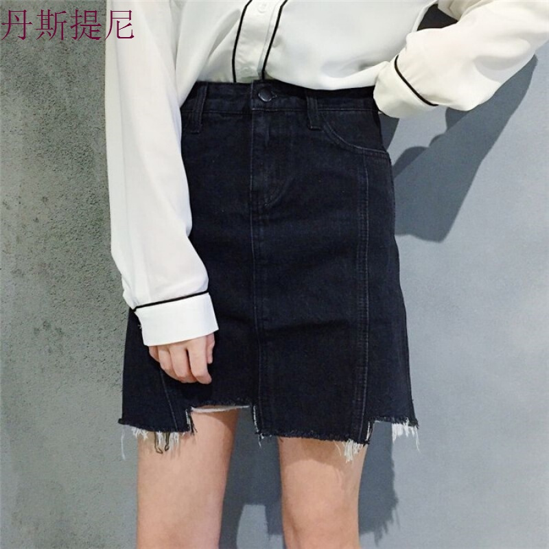 春秋女装韩版不规则牛仔半身裙高腰显瘦A字裙短裙百搭学生裙子潮 黑色 S