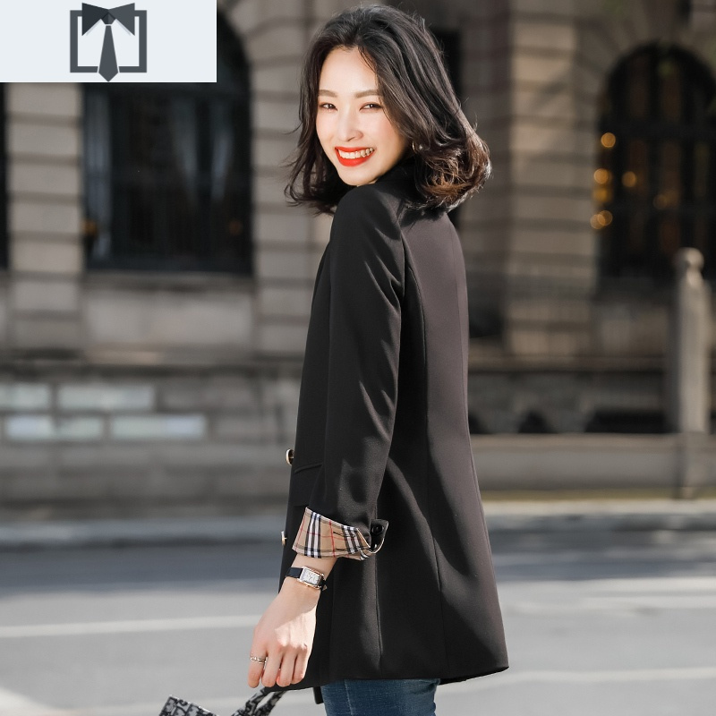 suntek英伦风长袖小西装外套女春秋韩版宽松上衣休闲茶色大码西服中长