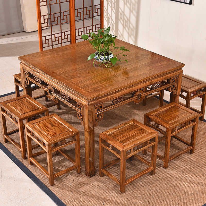 实木八仙桌中式饭店餐桌椅组合8人家用小方桌子榆木正方形四方桌