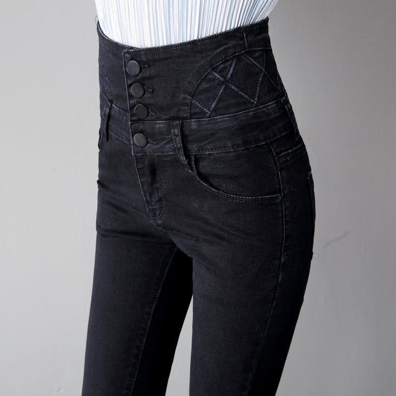 洛芊女生裤子牛仔裤女韩版学生高腰裤女土黑色百搭深色韩国胖mm牛子裤