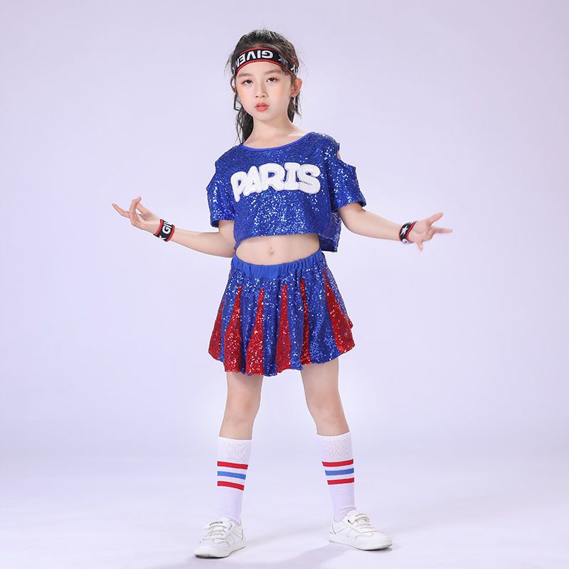 儿童爵士舞服套装漏脐亮片啦啦队啦啦操演出服装女童街舞现代舞服