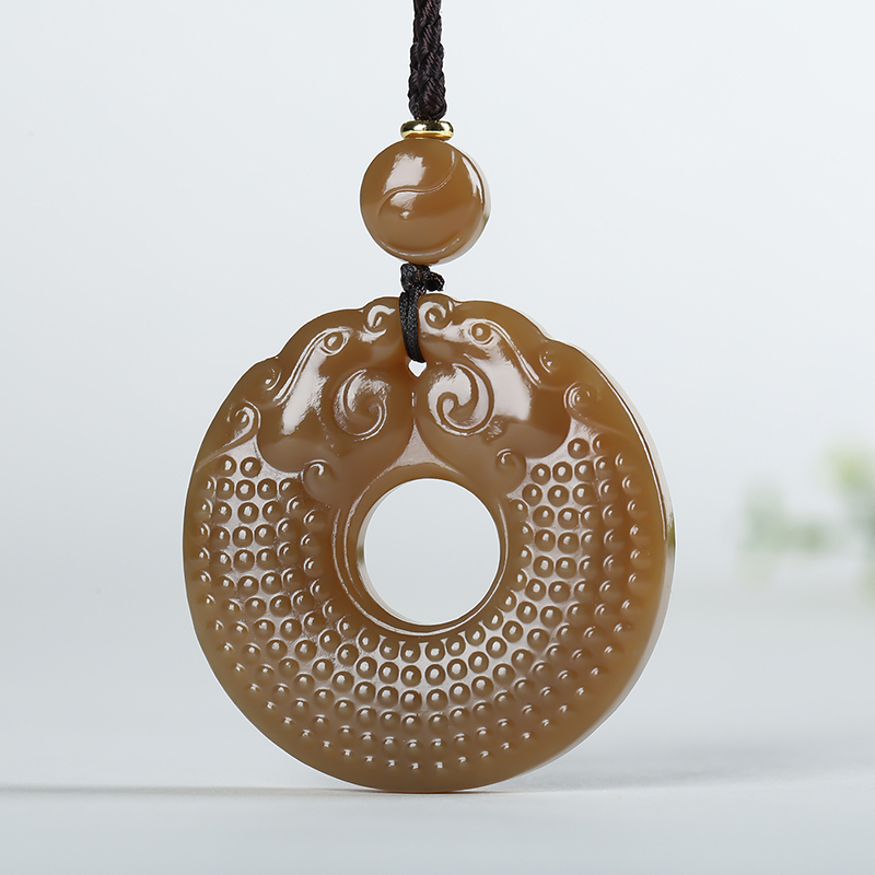 [双龙守护]新疆和田玉吊坠玉坠且末糖玉仿古龙挂件玉佩天然玉石