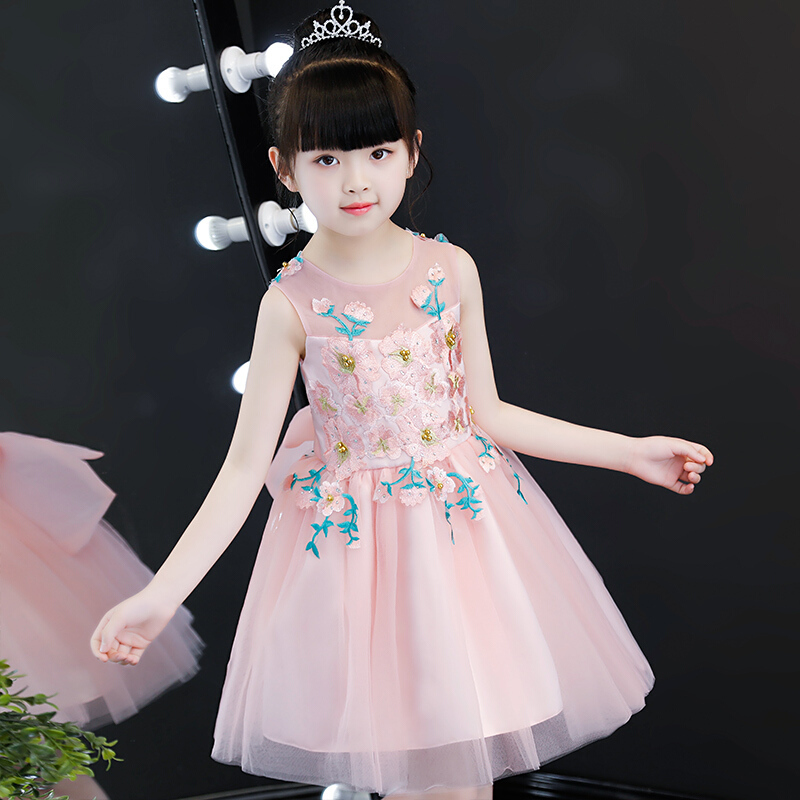 童装夏装女童连衣裙2018夏季新款公主裙儿童礼服夏蓬蓬纱裙子洋气粉色短款送皇冠