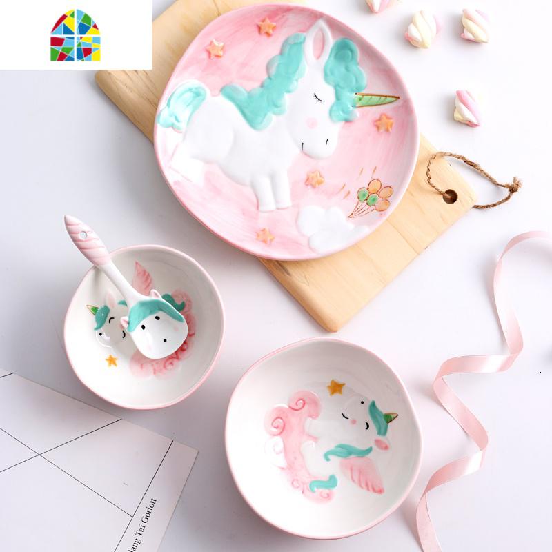 家用动物碗碟可爱独角兽陶瓷4件套韩式个性创意餐具儿童饭碗单个 FENGHOU 独角兽4件套粉套装