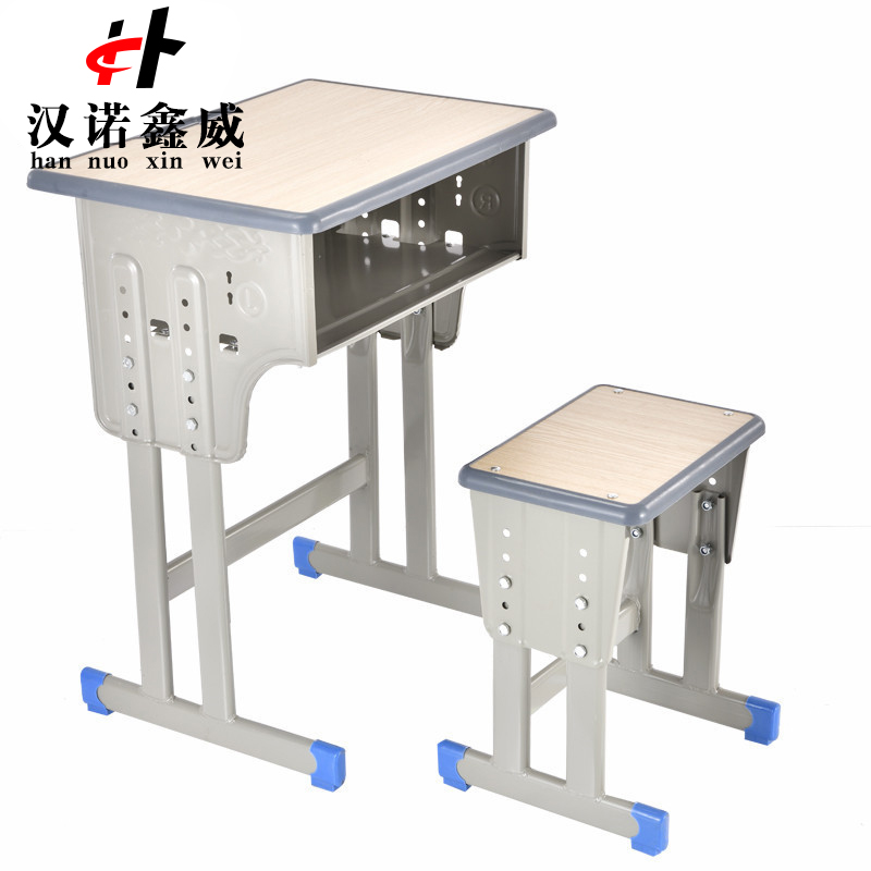 汉诺鑫威中小学生课桌椅学校培训班辅导班课桌升降儿童书桌学习课桌椅套装 单人灰边双柱桌配双柱方凳款