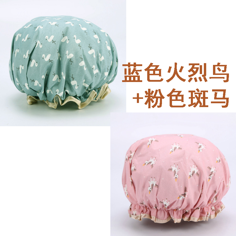 双层防水浴帽女士洗澡成人沐浴帽卡通儿童学生洗头帽厨房防油烟帽 三维工匠 粉色斑马+送蓝色火烈鸟高清大图