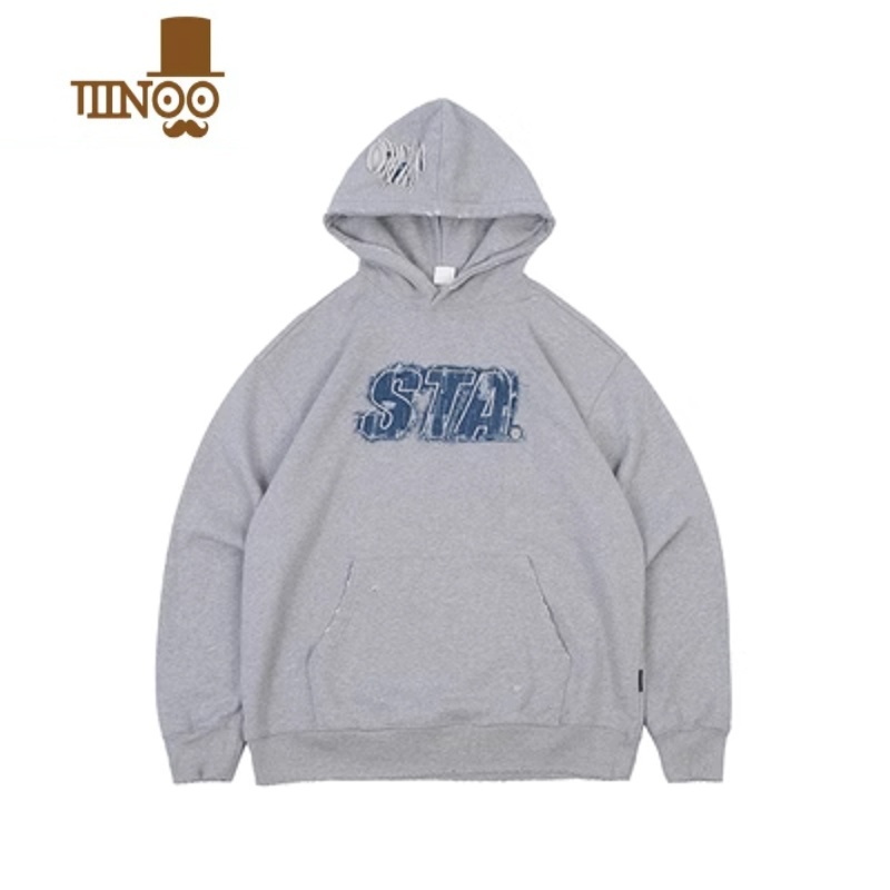 YANXUSTA国潮2023刺绣牛仔LOGO破坏连帽卫衣男女美式宽松长袖帽S高清大图