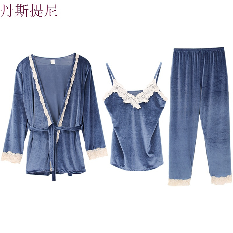 韩版睡衣女秋季性感三件套家居服套装性感长袖加绒冬季薄款珊瑚绒