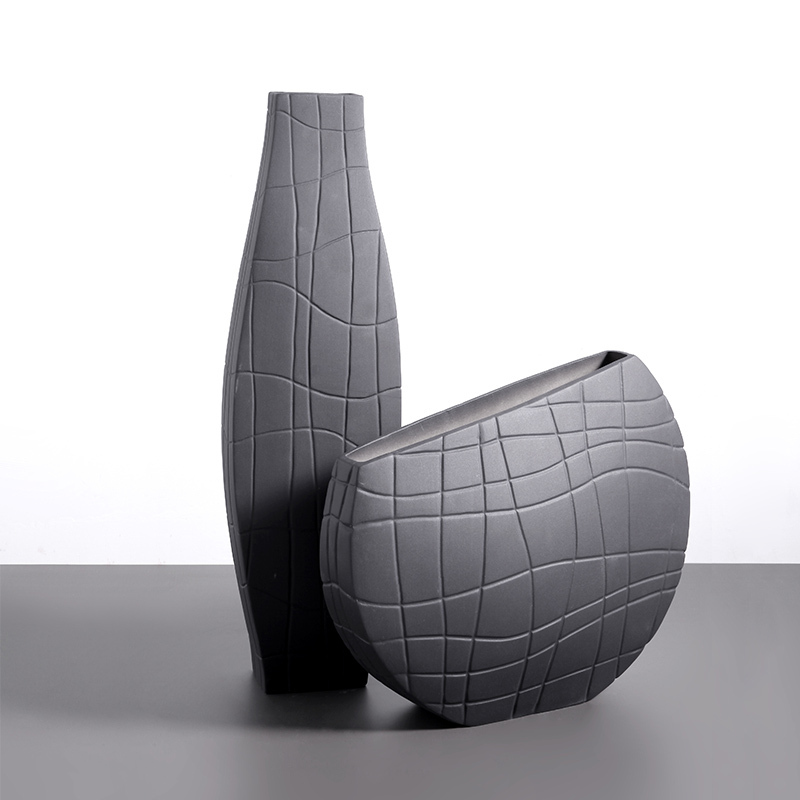 花瓶设计师样板房软装饰品摆设黑白格纹家居摆件 条纹花瓶(a款浅灰)