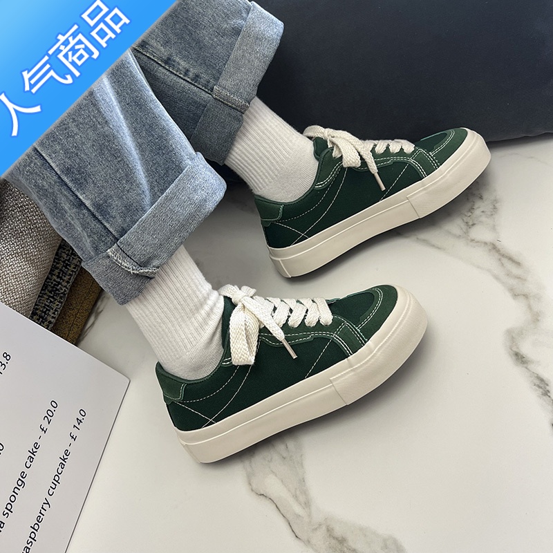 SUNTEK卷毛高 红色厚底帆布鞋女2023新款夏季百搭板鞋子学生潮小众设计高清大图