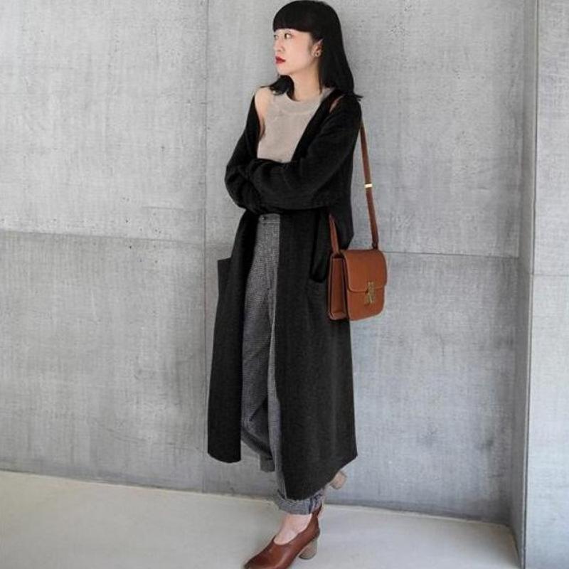 秋冬季慵懒风毛衣女过膝长款针织开衫女装纯色宽松外套麟名