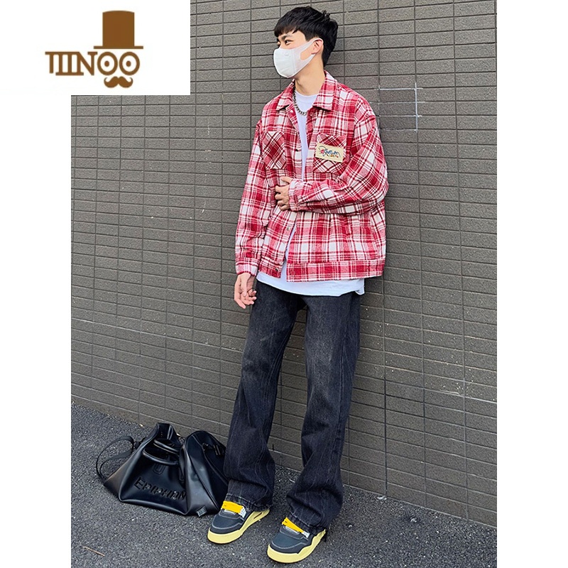 YANXU港风新款日系复古宽松休闲男女格子衬衫高街头情侣水洗上衣外套高清大图