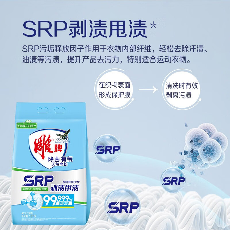 雕牌皂粉有氧除菌除螨去污渍元气薄荷香1.3kg*6袋(包装随机)高清大图