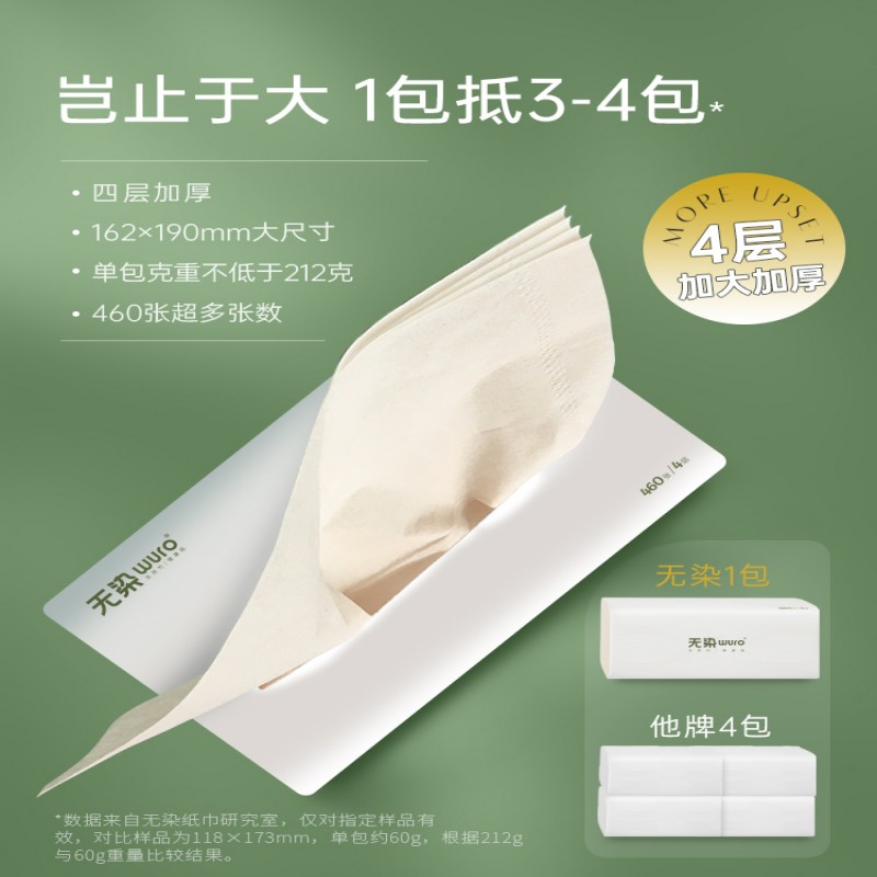 无染天然抑菌竹纤维抽纸WR001 162*190mm*4层 四张/抽 115抽/包 4包/提,5提20包/箱高清大图