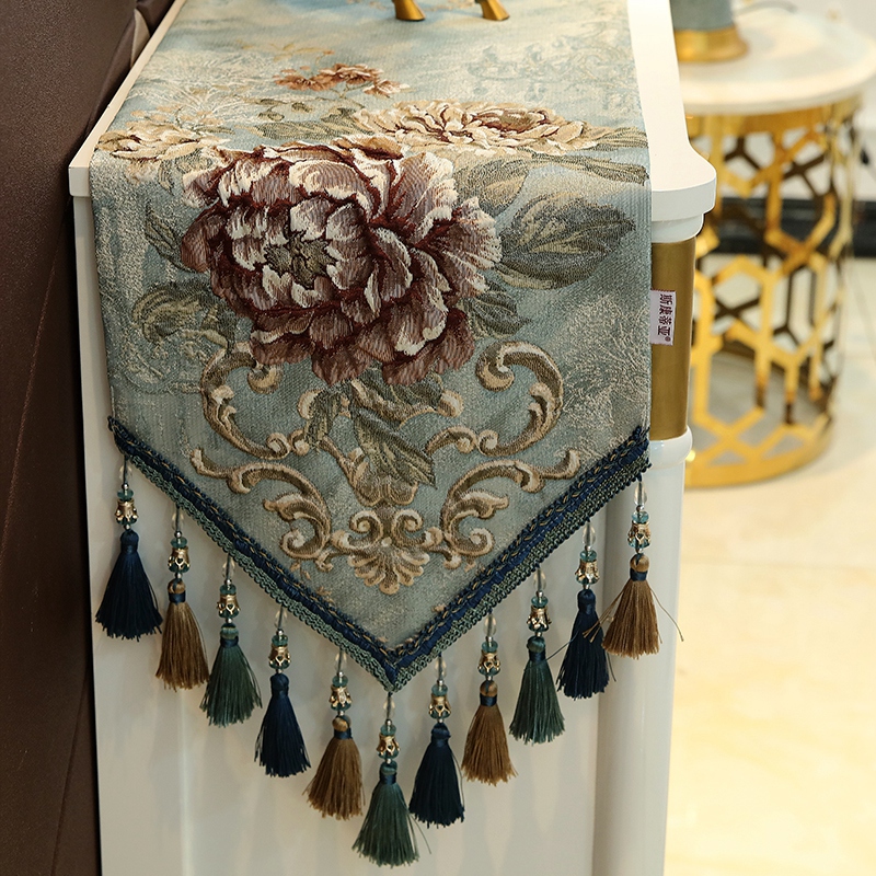 家柏饰(CORATED)欧式五斗柜桌旗餐边柜鞋柜电视柜装饰条桌巾餐桌巾桌布床轻奢 巧颜-米色蓝花纹 32*240cm高清大图