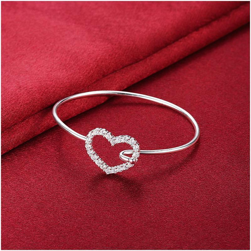 B253Women Silver Bracelet女生饰品心形情侣细手镯镀925纯银复古送女朋友七夕情人节礼物